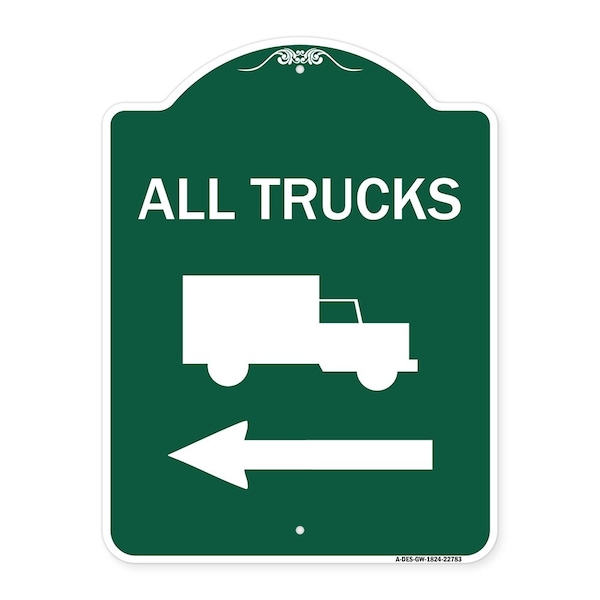 Trucks Sign All Trucks W/ Truck & Left Arrow, Green & White Aluminum Sign, 18" x 24", GW-1824-22783